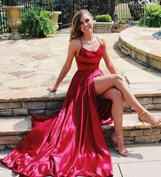 A Line Red Sexy Side Slit Spaghetti Straps Cheap Long Prom Dresses Evening Dresses