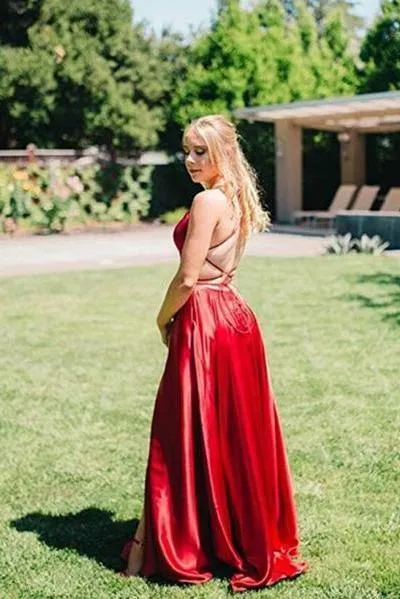 A Line Red Sexy Side Slit Spaghetti Straps Cheap Long Prom Dresses Evening Dresses