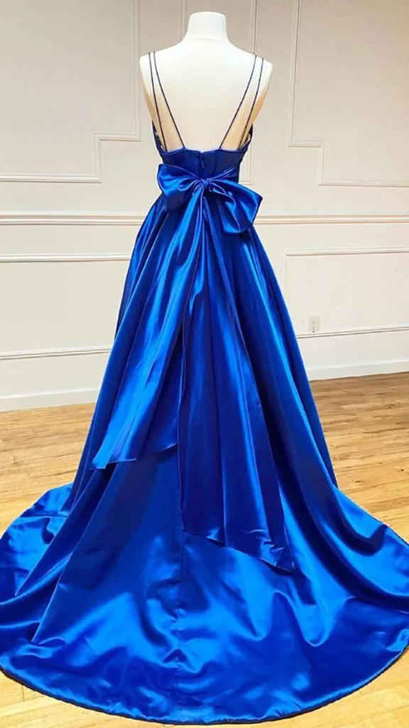 A-line Satin V Neck Royal Blue Prom Dresses Evening Dresses Y1163