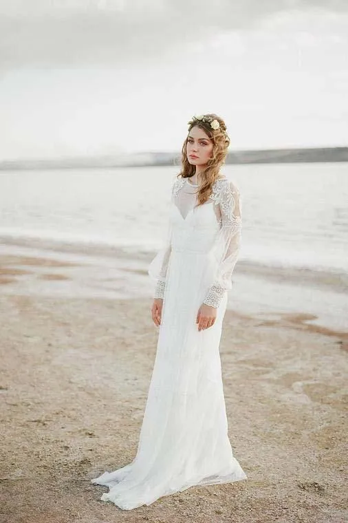 A Line See Through Long Sleeve Lace Appliqued Ivory Beach Wedding Dresses