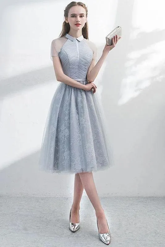 A Line Short Sleeves Tulle Halter Homecoming Dress with Lace Cute Short Prom Dress