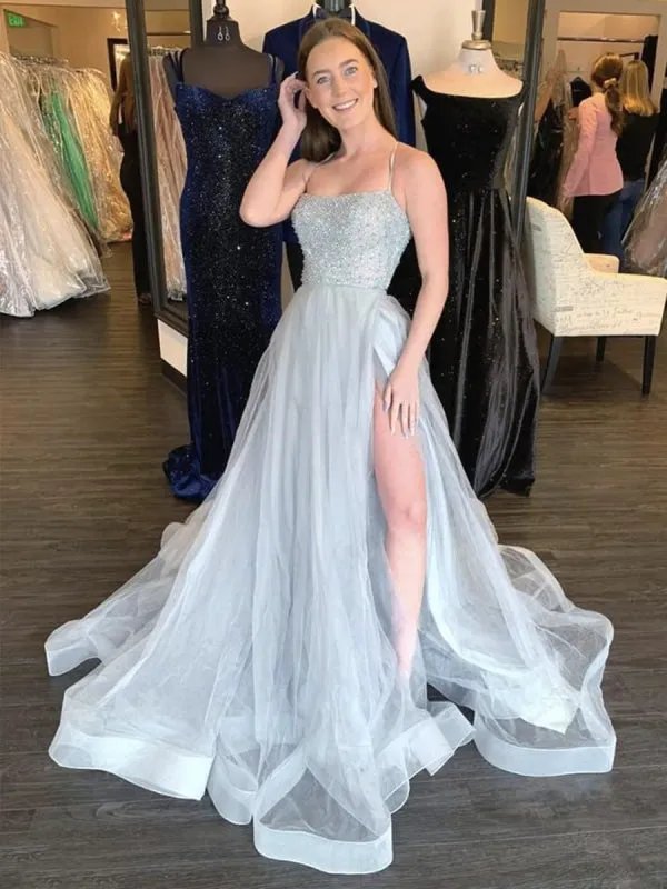 A Line Spaghetti Straps Grey Beaded Long Prom Dresses with High Split, Grey Formal Graduation Evening Dresses with