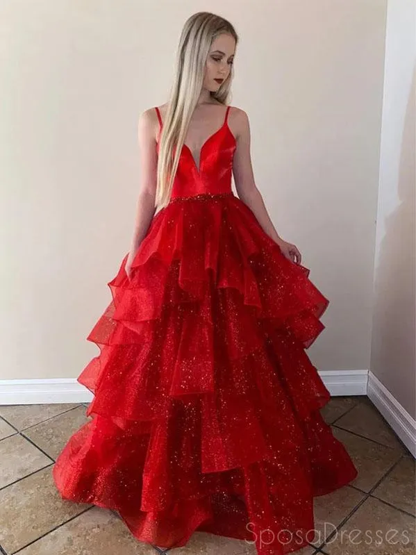 A-line Spaghetti Straps Red Long Prom Dresses, Sweet 16 Prom Dresses, 12509