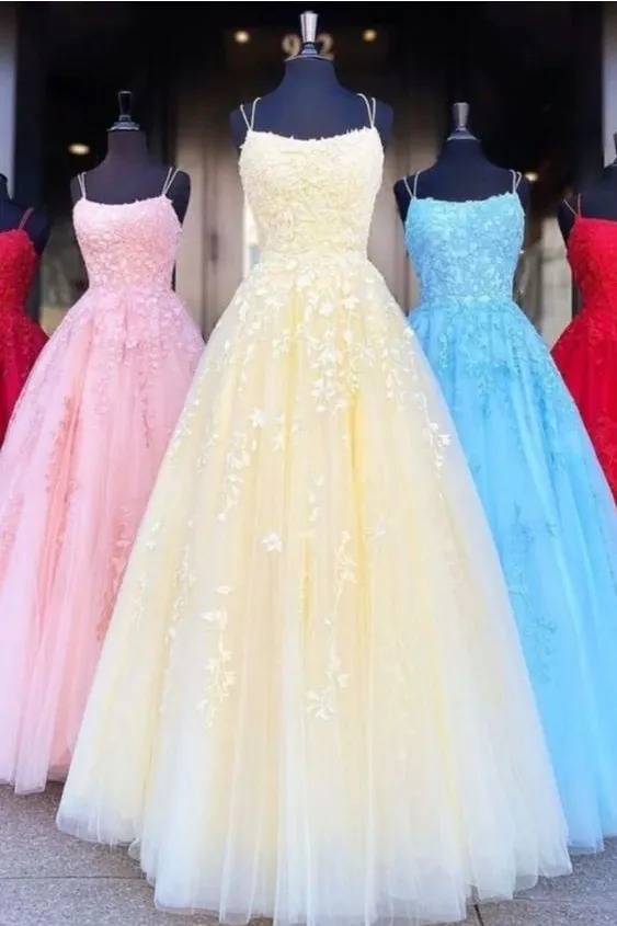 A-line Tulle Long Prom Dresses with Appliques and Beading,Evening Dresses,Formal Dresses,BP560