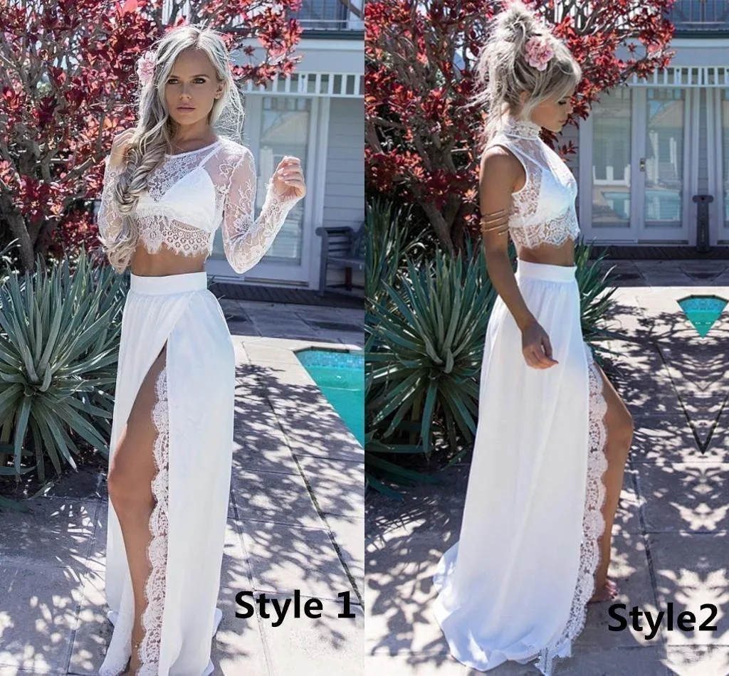 A Line Two Pieces Long Sleeve Prom Dresses Scoop High Slit White Evening Dresses