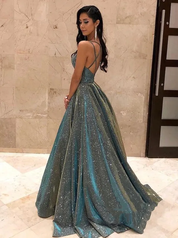 A Line V Neck Backless Gray Long Prom Dresses, Backless Grey Formal Graduation Evening Dresses