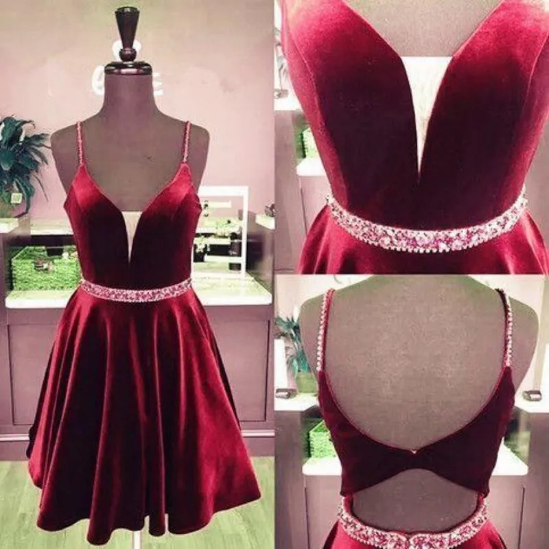 A Line V Neck Beaded Burgundy Velvet Prom Dresses, Burgundy Homecoming Dresses, Short Maroon Formal Evening Dresses with Belt