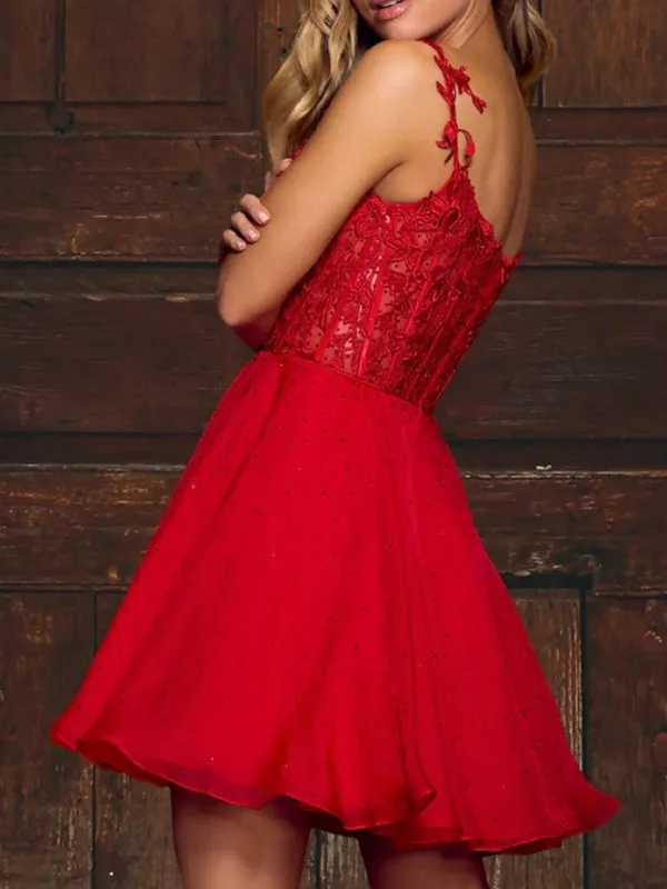 A Line V Neck Beaded Pink/Red Lace Short Prom Dresses, Pink/Red Lace Homecoming Dresses, Short Pink/Red Formal Evening Dresses