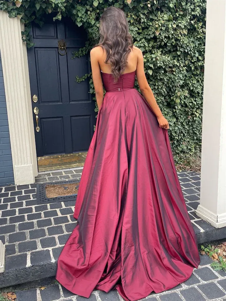 A Line V Neck Burgundy Long Prom Dresses, Burgundy Long Formal Evening Dresses Y233