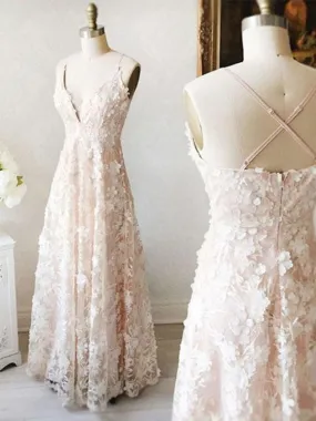 A Line V Neck Floor Length Lace Light Pink Long Prom Dresses, Light Pink Lace Formal Dresses, Evening Dresses