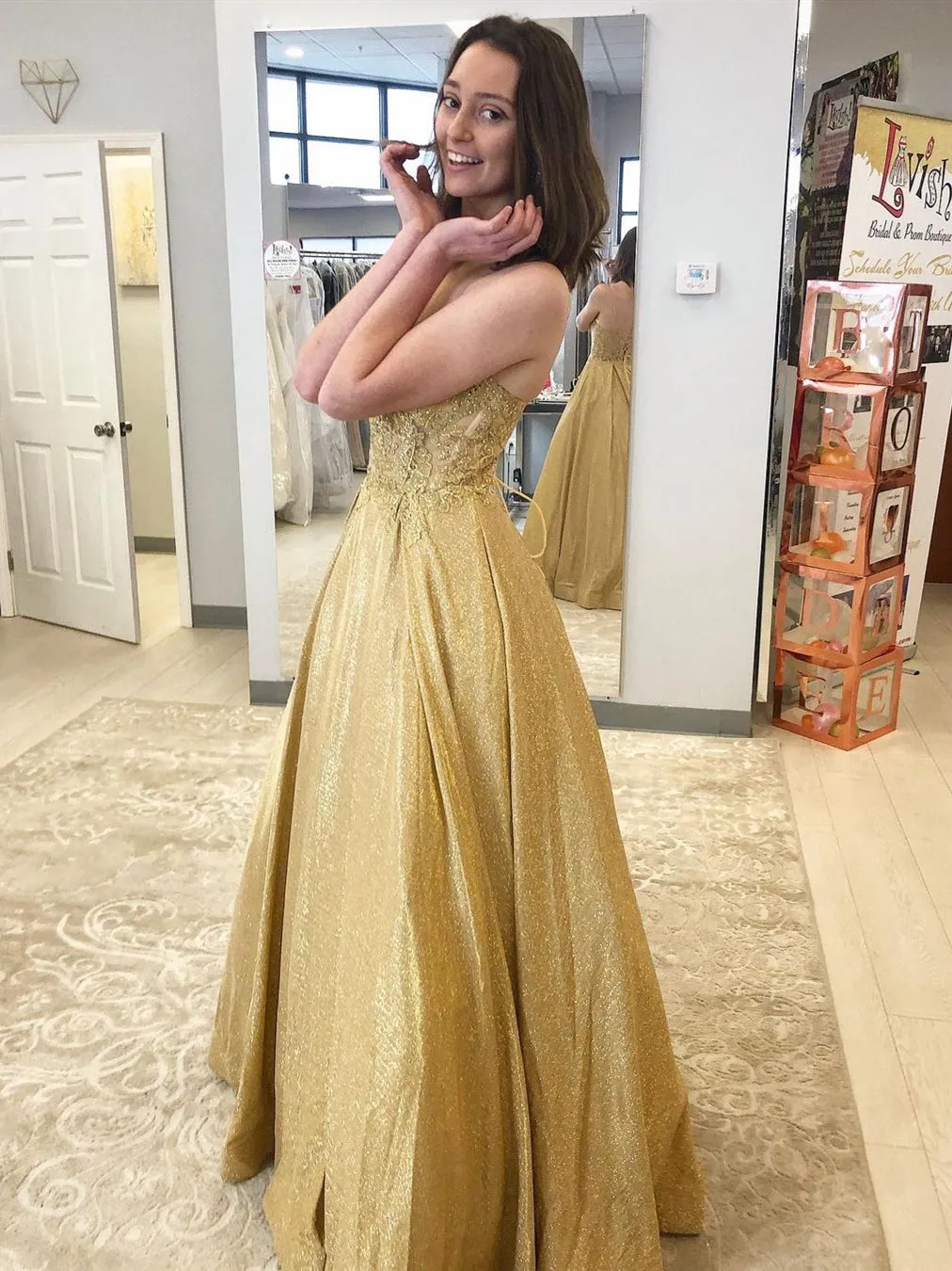 A Line V Neck Golden Lace Long Prom Dresses, Shiny Open Back Golden Lace Formal Evening Dresses