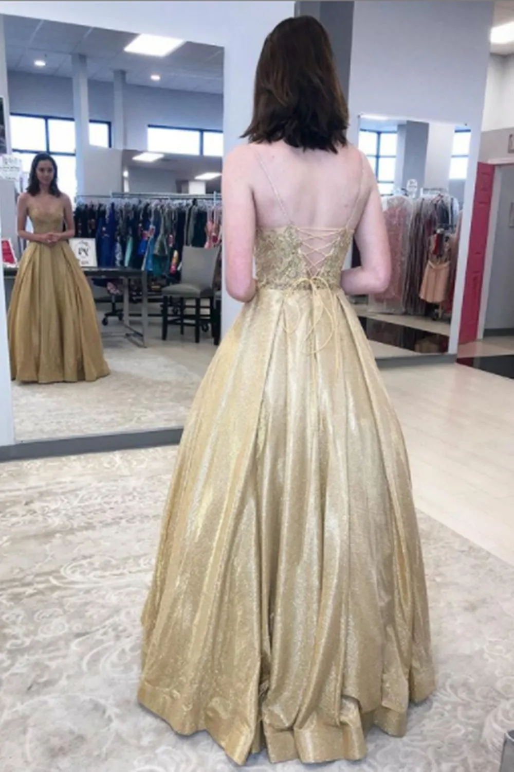 A Line V Neck Golden Lace Long Prom Dresses, Shiny Open Back Golden Lace Formal Evening Dresses