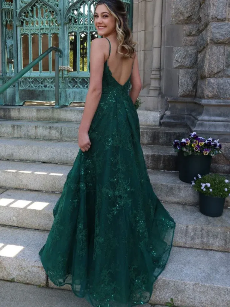 A Line V Neck Green Lace Long Prom Dresses, Green Lace Formal Dresses, Green Evening Dresses Y4079