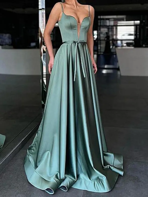 A Line V Neck Green Satin Long Prom Dresses, V Neck Green Formal Graduation Evening Dresses