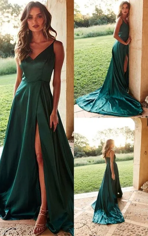 A Line V Neck High Split Green Satin Long Prom Dresses with Train, Green Formal Dresses, Evening Dresses