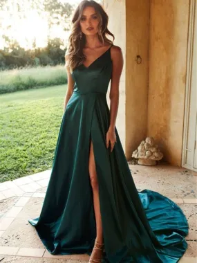 A Line V Neck High Split Green Satin Long Prom Dresses with Train, Green Formal Dresses, Evening Dresses