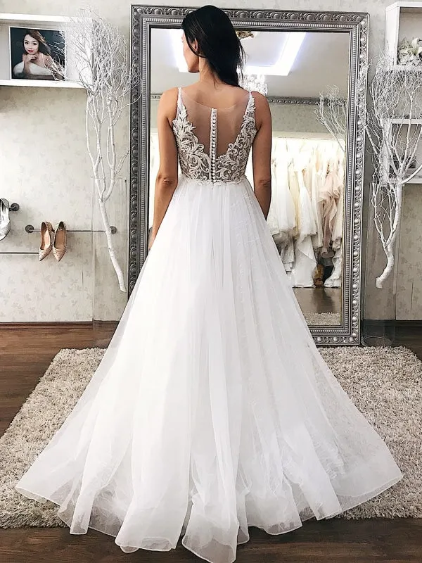 A Line V Neck Ivory Lace Long Prom Dresses, White Lace Wedding Dresses, Ivory Formal Evening Dresses