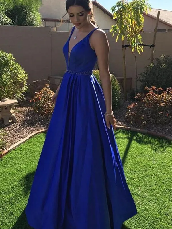 A Line V Neck Royal Blue Satin Long Prom Dresses, Long Royal Blue Formal Graduation Evening Dresses