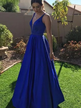 A Line V Neck Royal Blue Satin Long Prom Dresses, Long Royal Blue Formal Graduation Evening Dresses