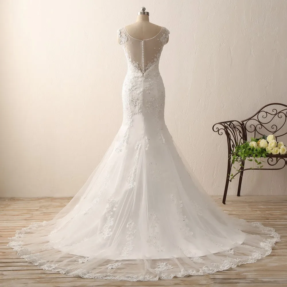 Alfa Bridal Ivory Sweetheart Straps Lace Mermaid Wedding Dresses with Sweep Train (AW001)