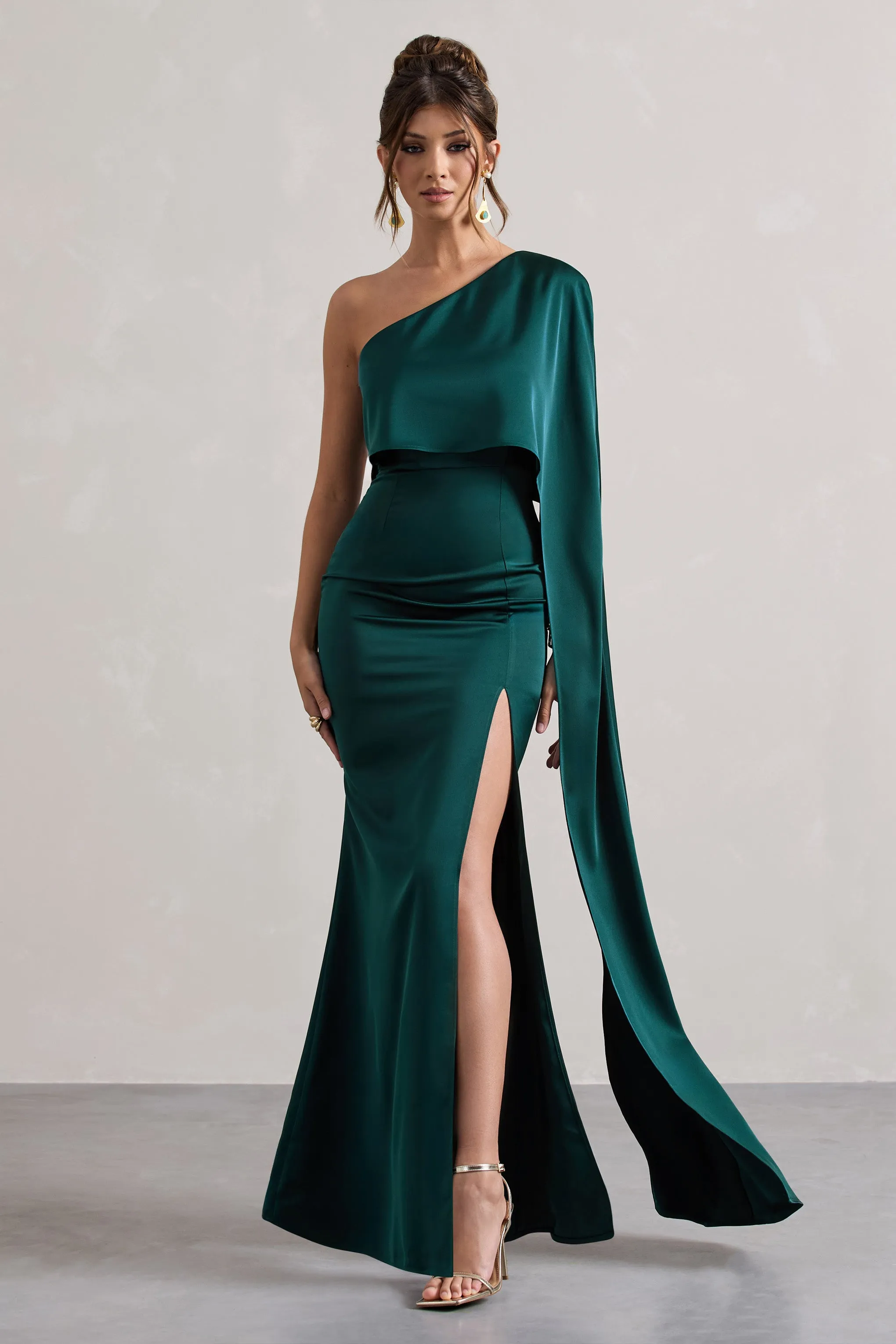 Amora | Bottle Green Satin Asymmetric Cape-Sleeve Split Maxi Dress