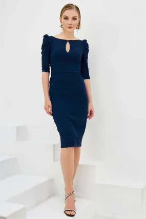 Angelino navy blue pancakes embroidered midi evening dresses