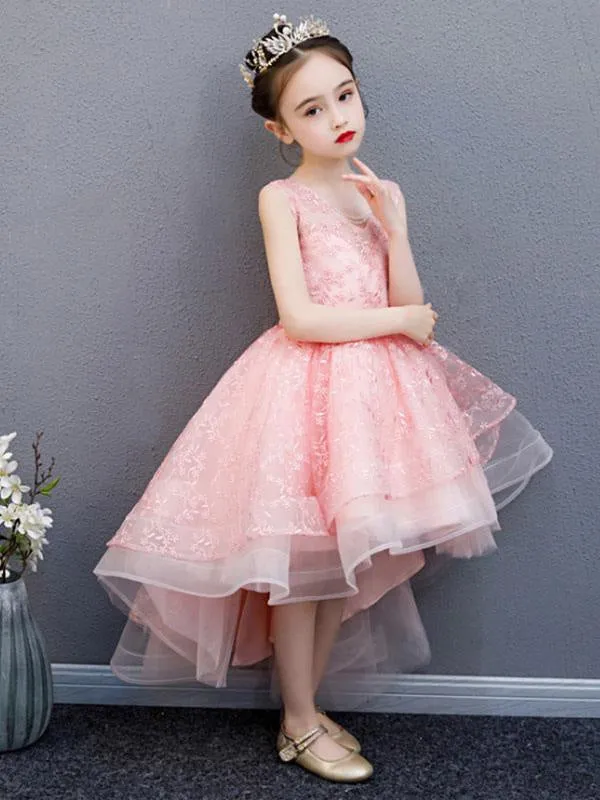 Asymmetrical Princess Hi-Lo Pink Flower Girl Dresses V-Neck Floral Lace Sleeveless Party Dresses