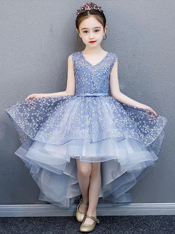 Asymmetrical Princess Hi-Lo Pink Flower Girl Dresses V-Neck Floral Lace Sleeveless Party Dresses