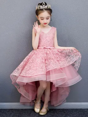 Asymmetrical Princess Hi-Lo Pink Flower Girl Dresses V-Neck Floral Lace Sleeveless Party Dresses