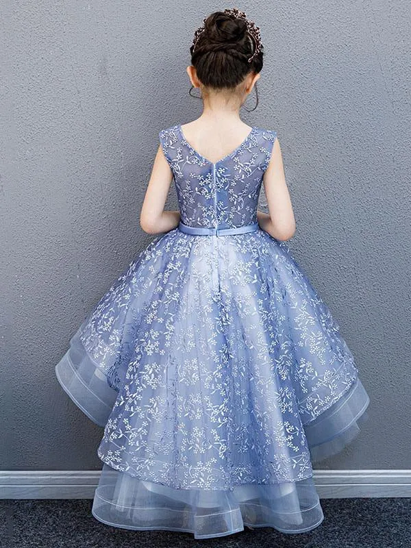 Asymmetrical Princess Hi-Lo Pink Flower Girl Dresses V-Neck Floral Lace Sleeveless Party Dresses