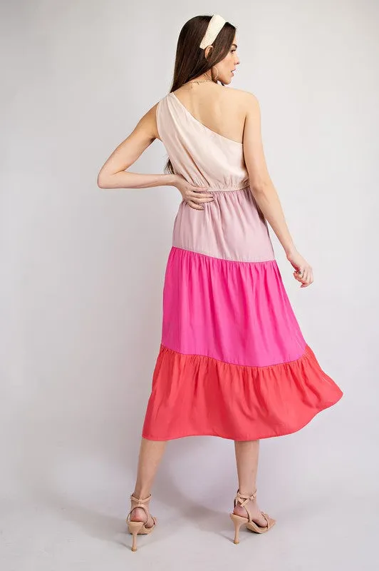 Asymmetrical Shoulder Color Block Midi Dress