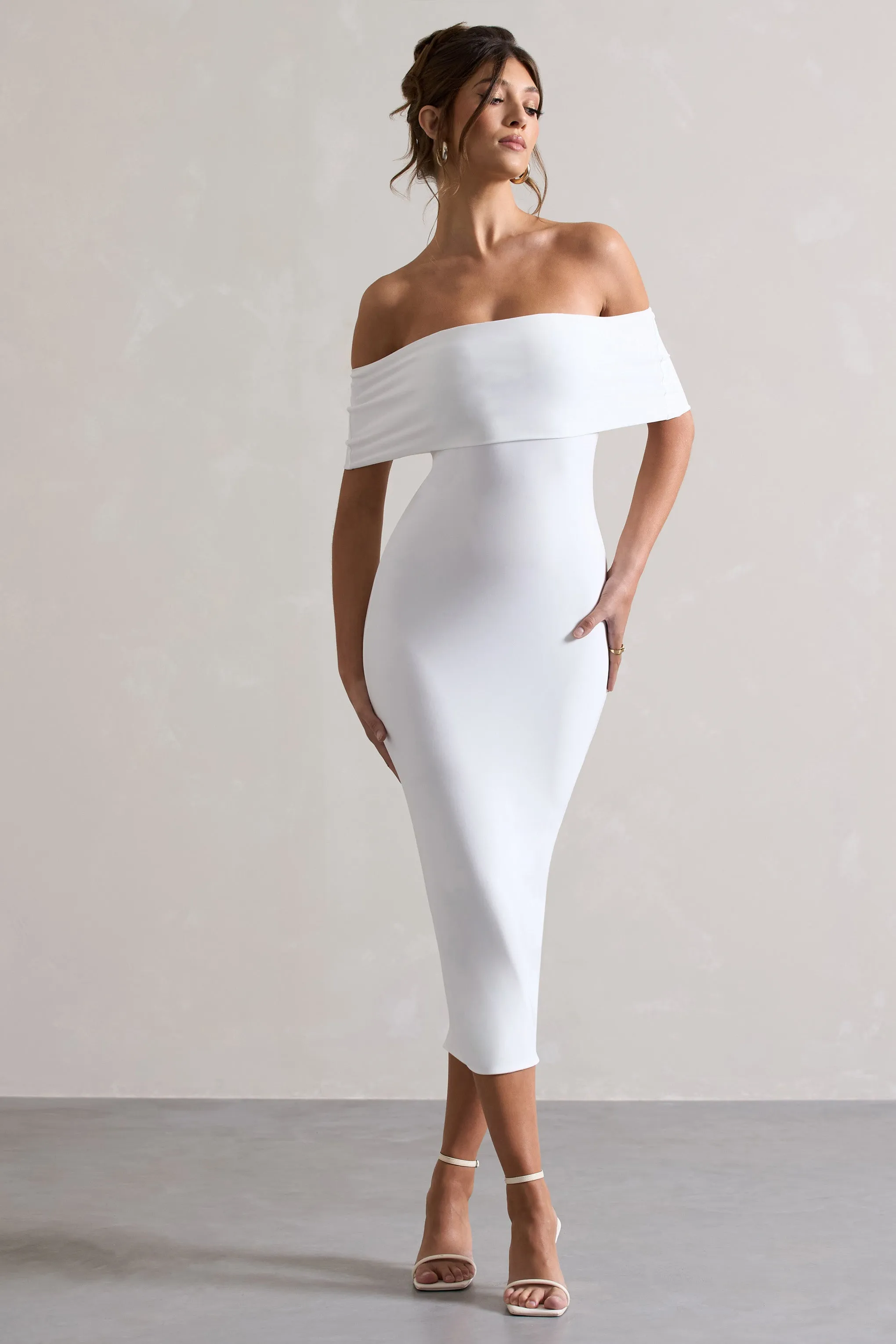 Averie | White Bodycon Bardot Midi Dress