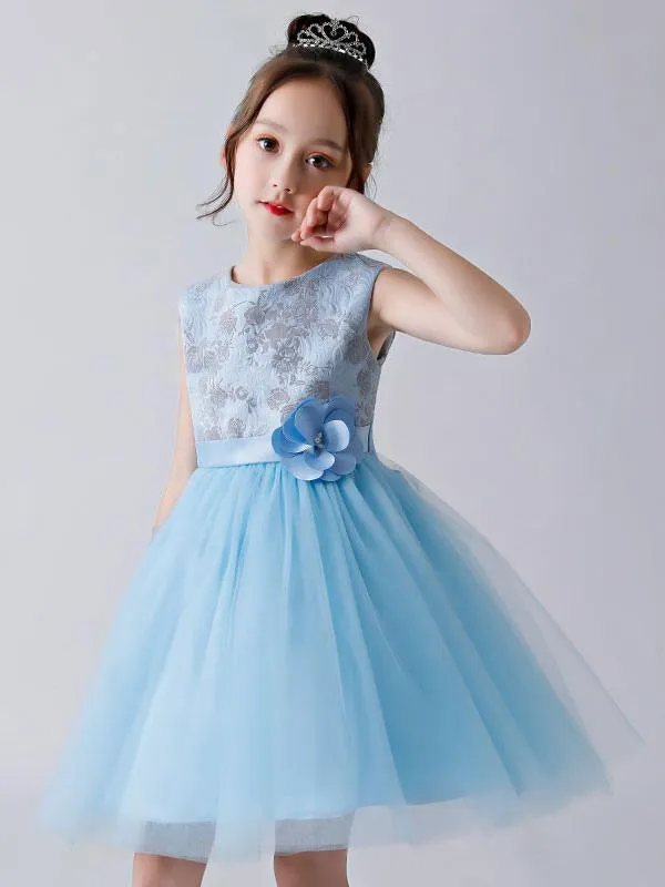 Baby Blue Tulle Kids Party Dresses Flower Girl Dresses Jewel Neck Sleeveless