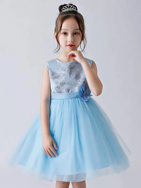 Baby Blue Tulle Kids Party Dresses Flower Girl Dresses Jewel Neck Sleeveless