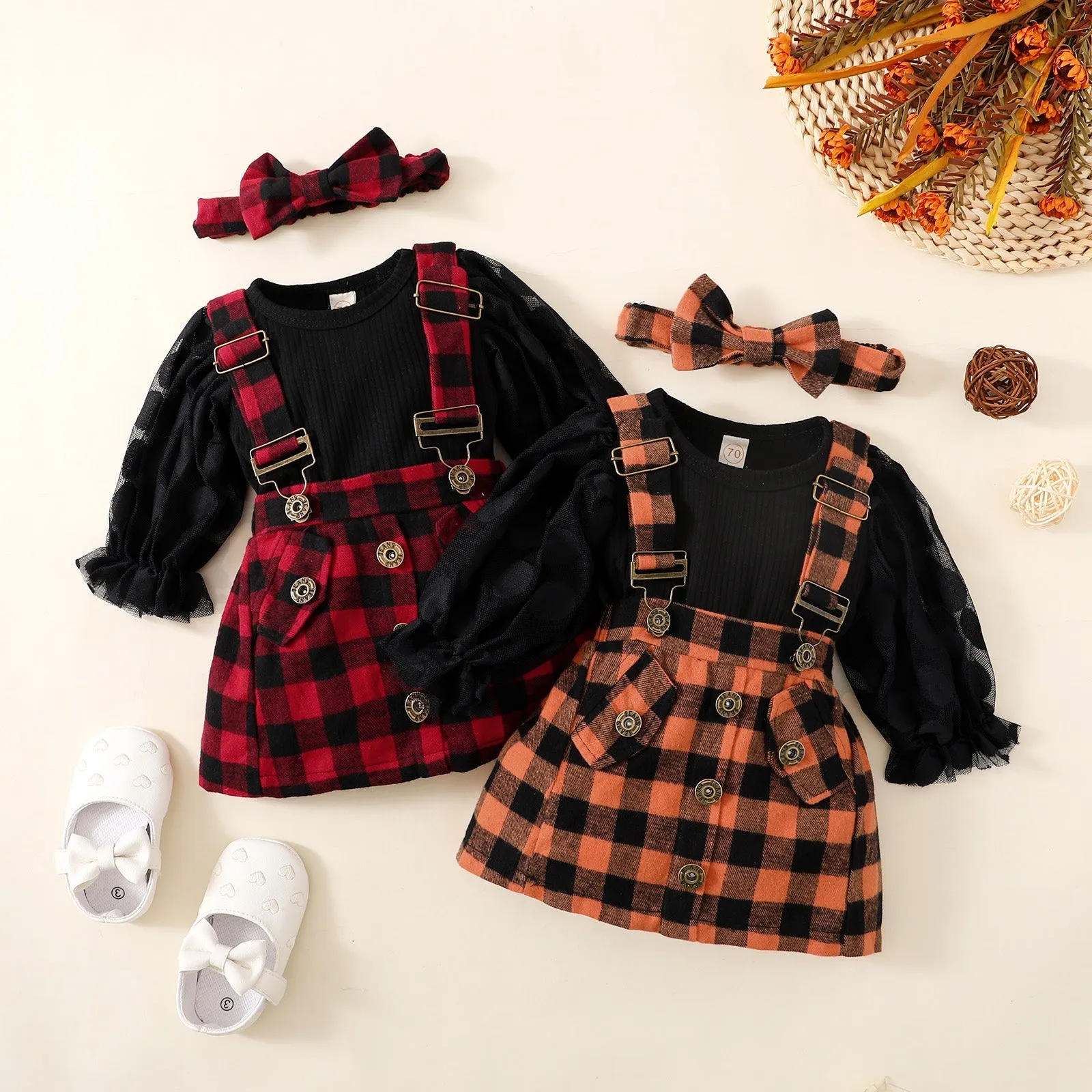 Baby Plaid Dresses Suit with Headband