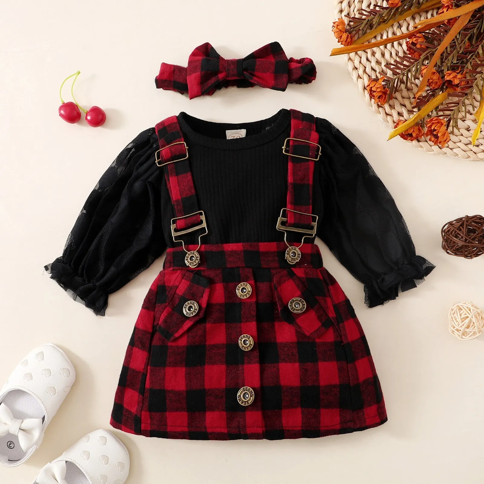 Baby Plaid Dresses Suit with Headband