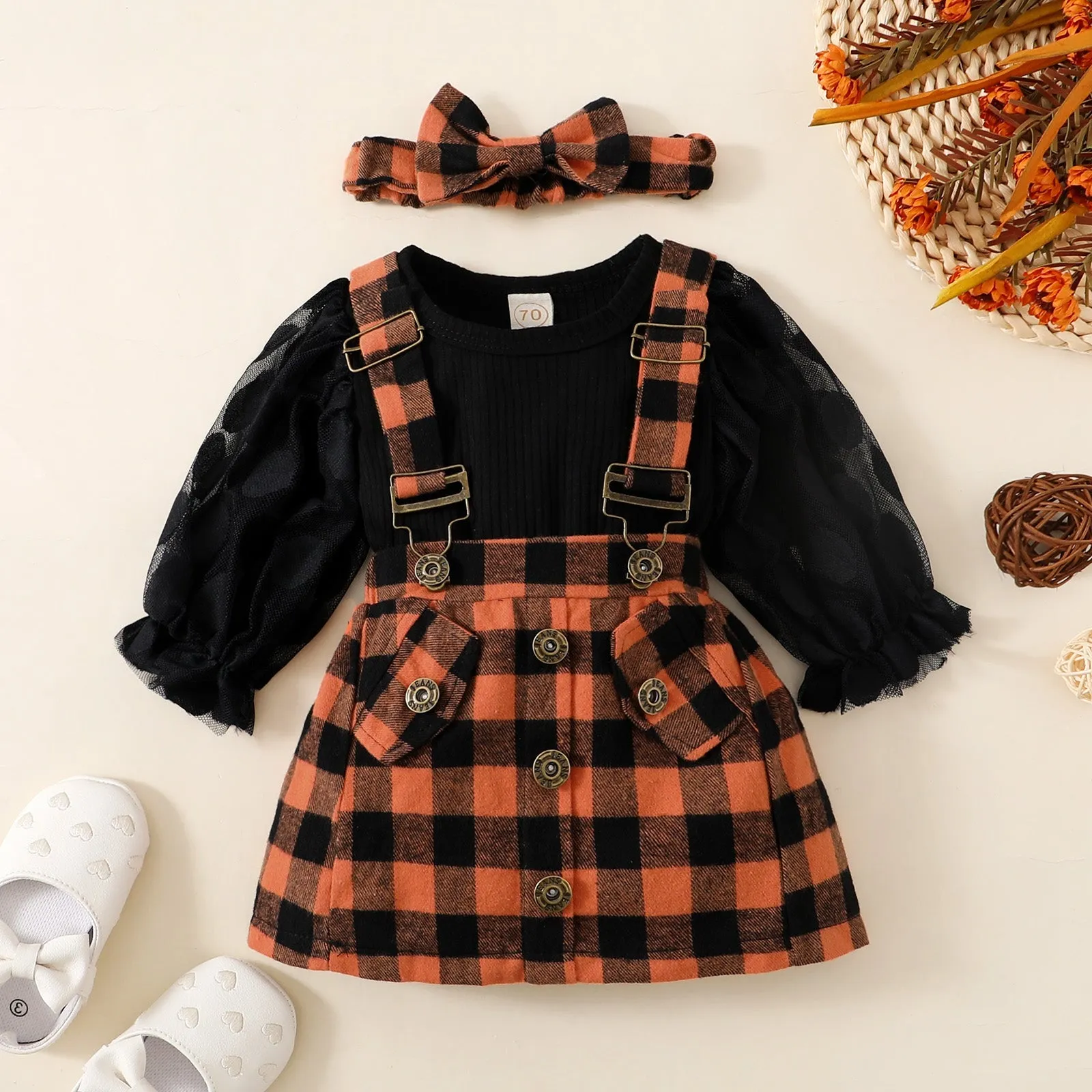 Baby Plaid Dresses Suit with Headband