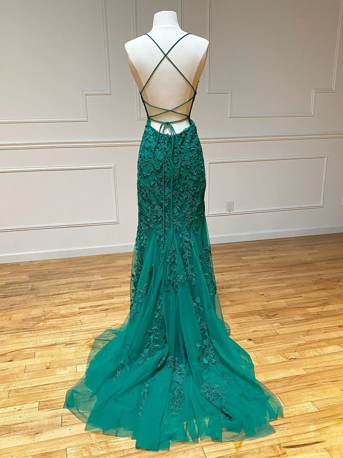 Backless Green Mermaid Lace Prom Dresses, Open Back Green Lace Mermaid Formal Evening Dresses Y1365