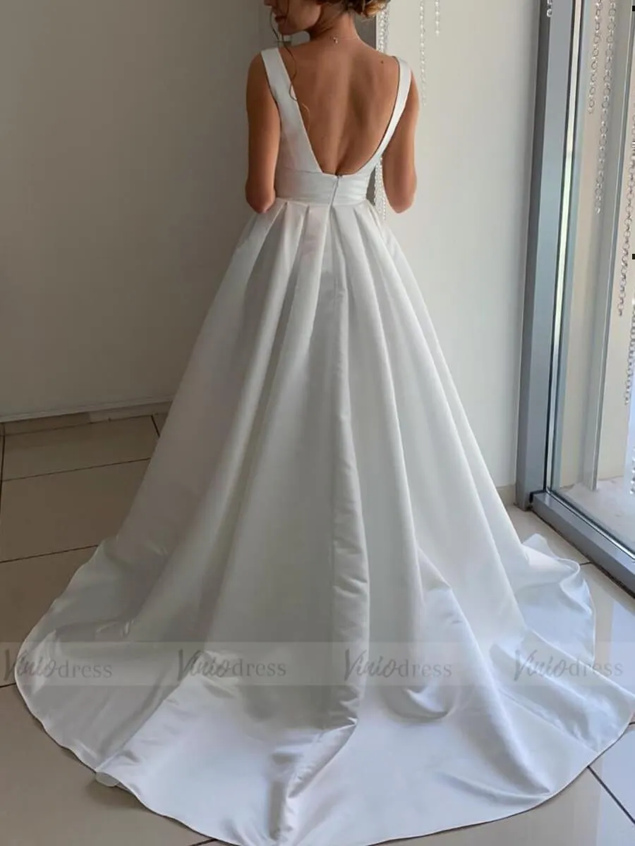 Backless V Neck Simple Satin Wedding Dresses with Pockets VW1351