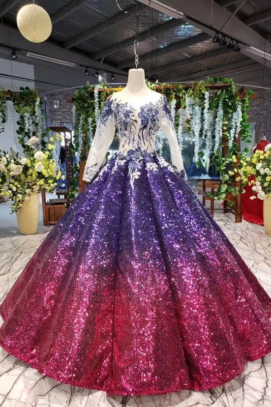 Ball Gown Ombre Sparkly Long Sleeve Sequins Prom Dresses, Quinceanera Dresses STK15066