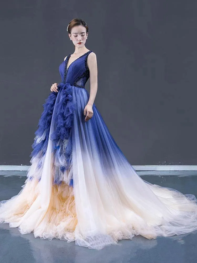 Ball Gown Ombre V Neck Tulle Royal Blue Long Prom Dresses, Quinceanera Dresses STK15067