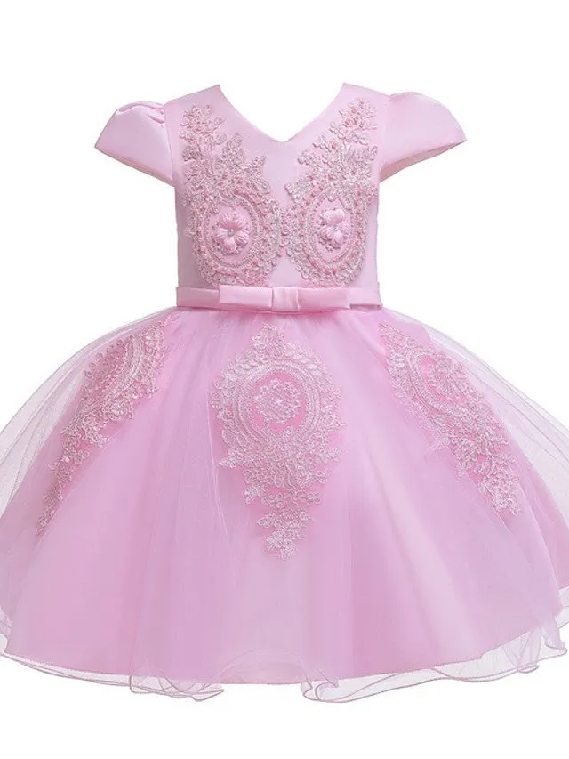 Ball Gown Tulle Short Sleeve V Neck Wedding Party Flower Girl Dresses