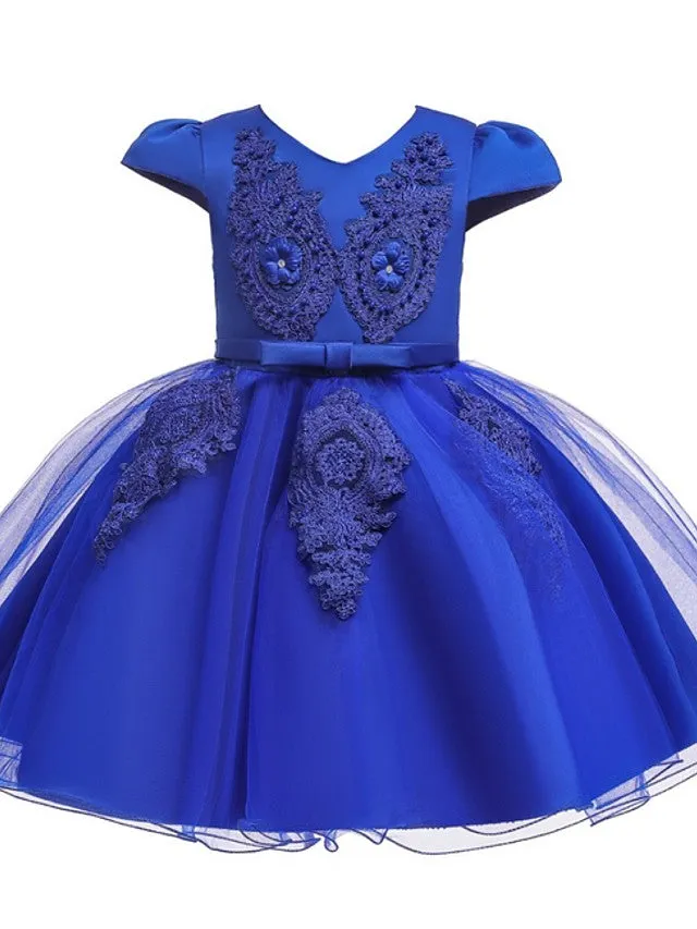 Ball Gown Tulle Short Sleeve V Neck Wedding Party Flower Girl Dresses