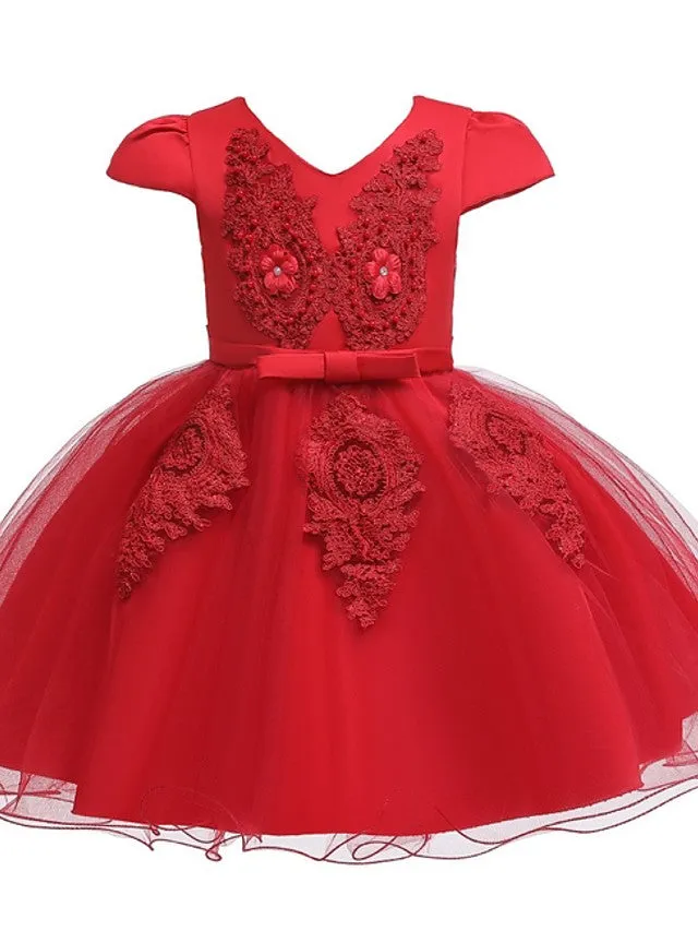 Ball Gown Tulle Short Sleeve V Neck Wedding Party Flower Girl Dresses