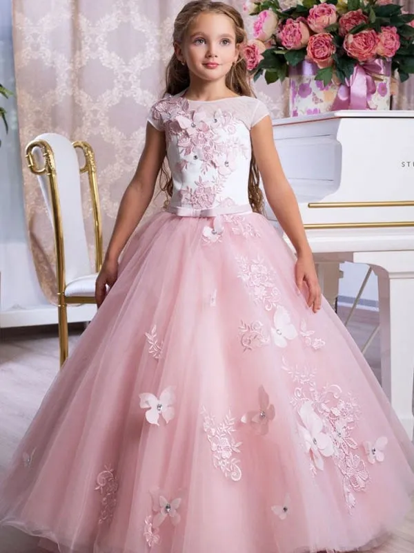 Bateau Neck Sleeveless Flower Girl Dresses Ankle Length Bows Sash Butterfly Kids Party Dresses