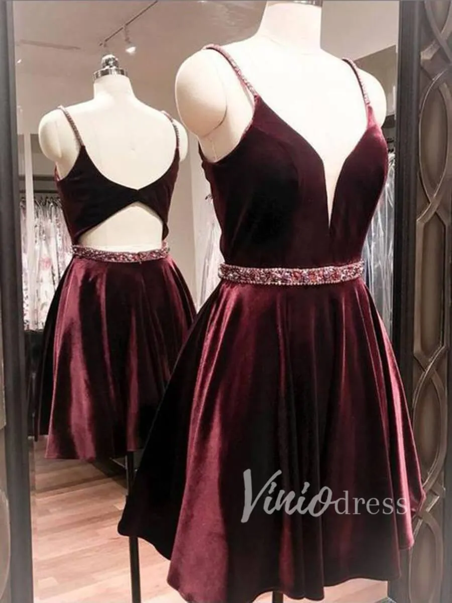 Beaded Burgundy Velvet Homecoming Dresses Spaghetti Strap SD1179