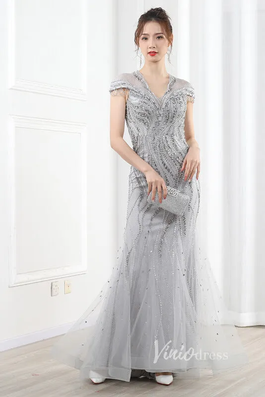 Beaded Grey Sheath Prom Dresses V-neck Mother of the Bride Dress FD2784