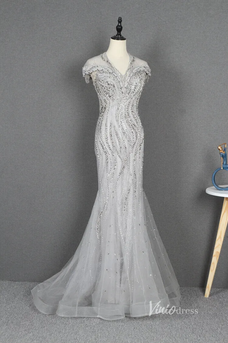 Beaded Grey Sheath Prom Dresses V-neck Mother of the Bride Dress FD2784