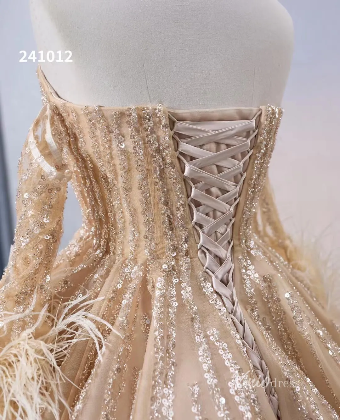 Beaded Light Gold Ball Gown Wedding Dresses with Removable Long Feather Sleeves 241012