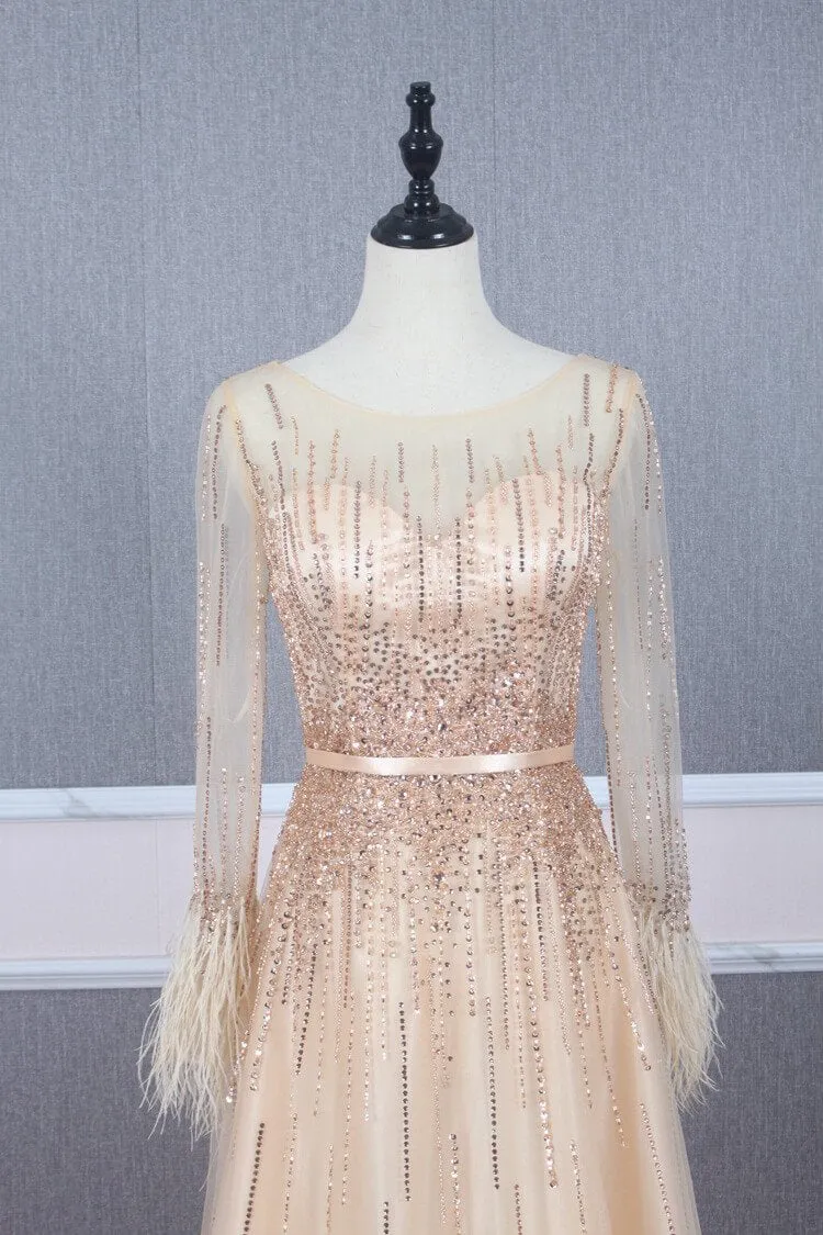 Beaded Long Sleeve Champagne Tulle Prom Dresses FD2504